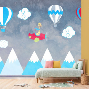 Mavi Tonlu Uçan Balonlu Duvar Kağıdı