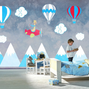 Mavi Tonlu Uçan Balonlu Duvar Kağıdı