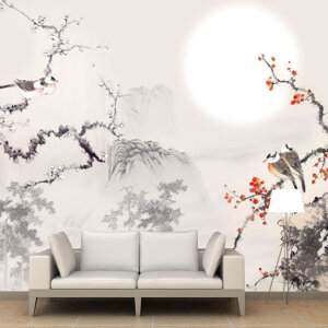 Güneş Ağaç Kuşlu Duvar Kağıdı