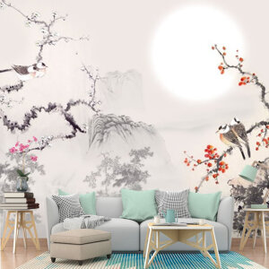 Güneş Ağaç Kuşlu Duvar Kağıdı