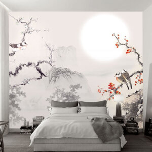 Güneş Ağaç Kuşlu Duvar Kağıdı