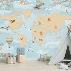 Uçaklı Dünya Haritalı Duvar Kağıdı