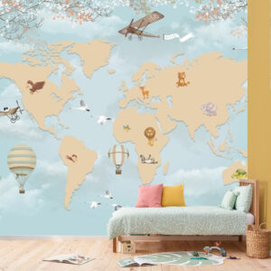 Uçaklı Dünya Haritalı Duvar Kağıdı