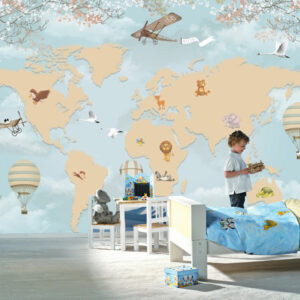 Uçaklı Dünya Haritalı Duvar Kağıdı