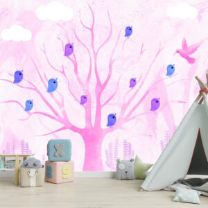 Pembe Ağaçlı ve Kuşlu Duvar Kağıdı