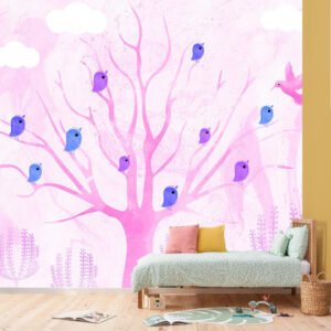 Pembe Ağaçlı ve Kuşlu Duvar Kağıdı