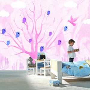 Pembe Ağaçlı ve Kuşlu Duvar Kağıdı