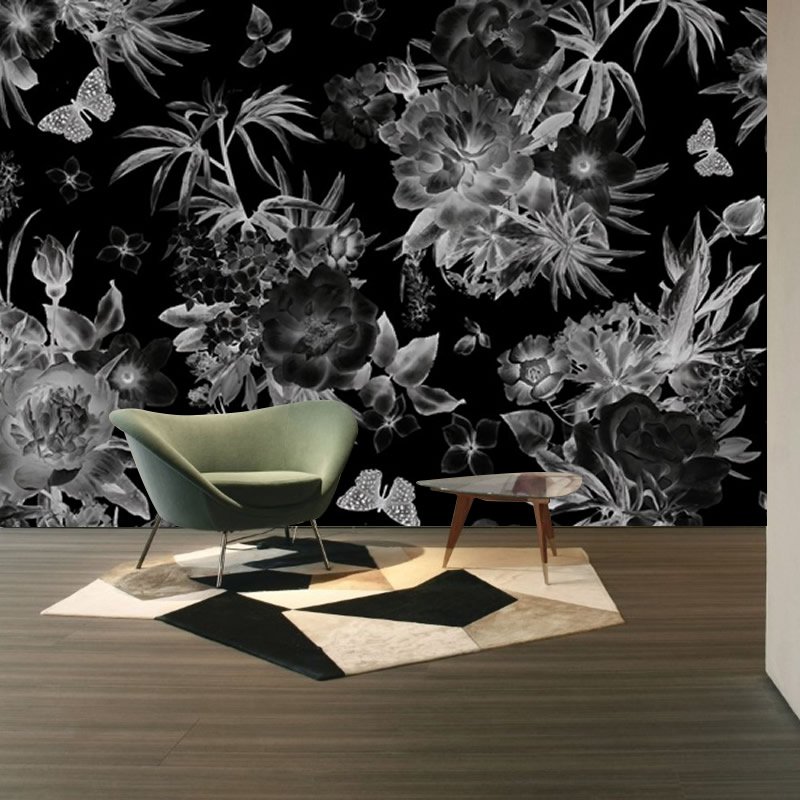 Siyah Beyaz Çiçekli Duvar Kağıdı