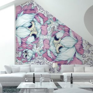 Mor Beyaz Çiçekli Duvar Kağıdı