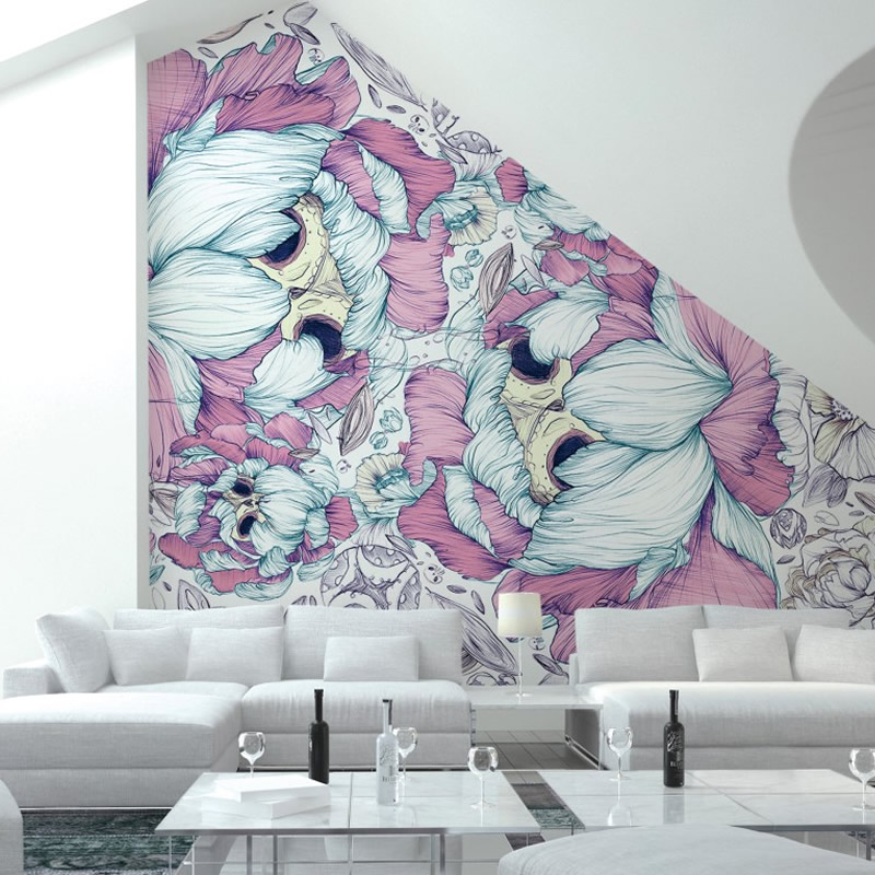 Mor Beyaz Çiçekli Duvar Kağıdı