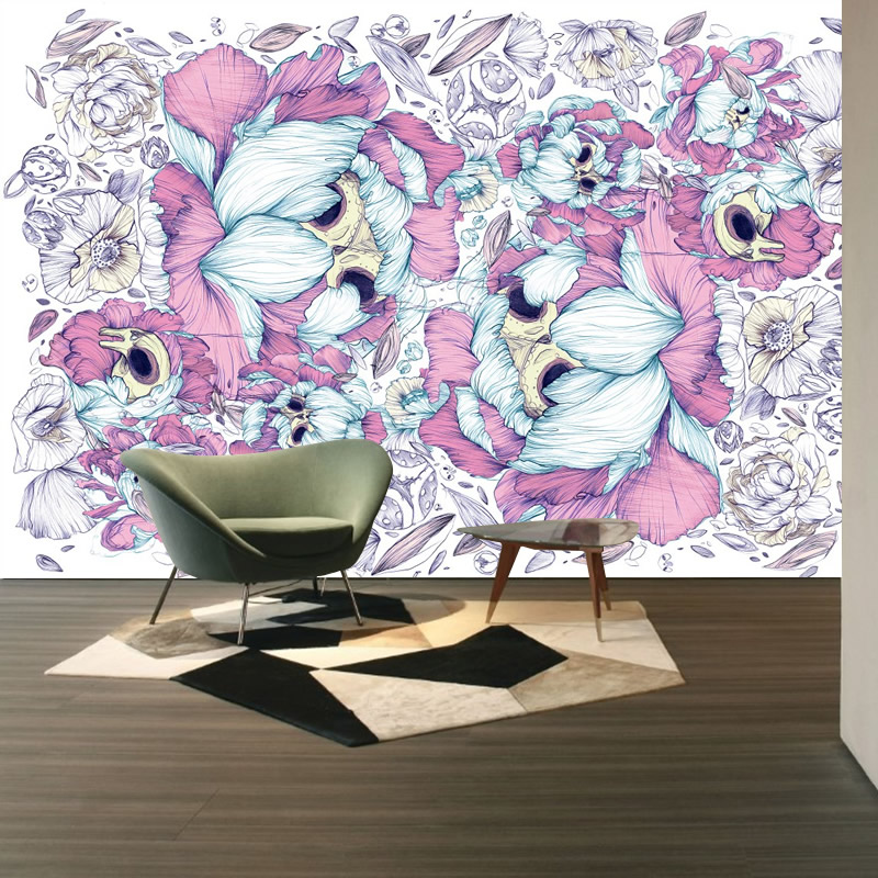 Mor Beyaz Çiçekli Duvar Kağıdı