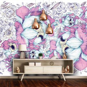 Mor Beyaz Çiçekli Duvar Kağıdı