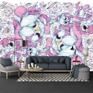 Mor Beyaz Çiçekli Duvar Kağıdı