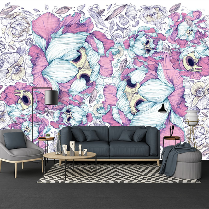 Mor Beyaz Çiçekli Duvar Kağıdı