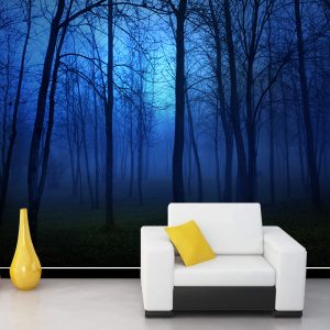 Gece Mavisi Sisli Orman Görselli Duvar Kağıdı