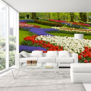 Renkli Çiçekli Park Görselli Duvar Kağıdı