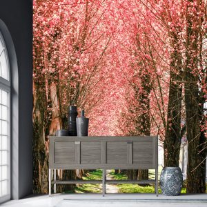 Pembe Çiçekli Ağaçlı Yol Görselli Duvar Kağıdı
